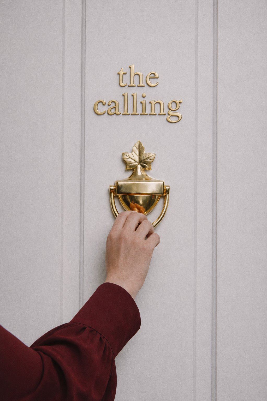 A hand reaching for the brass knocker on a door marked The Calling