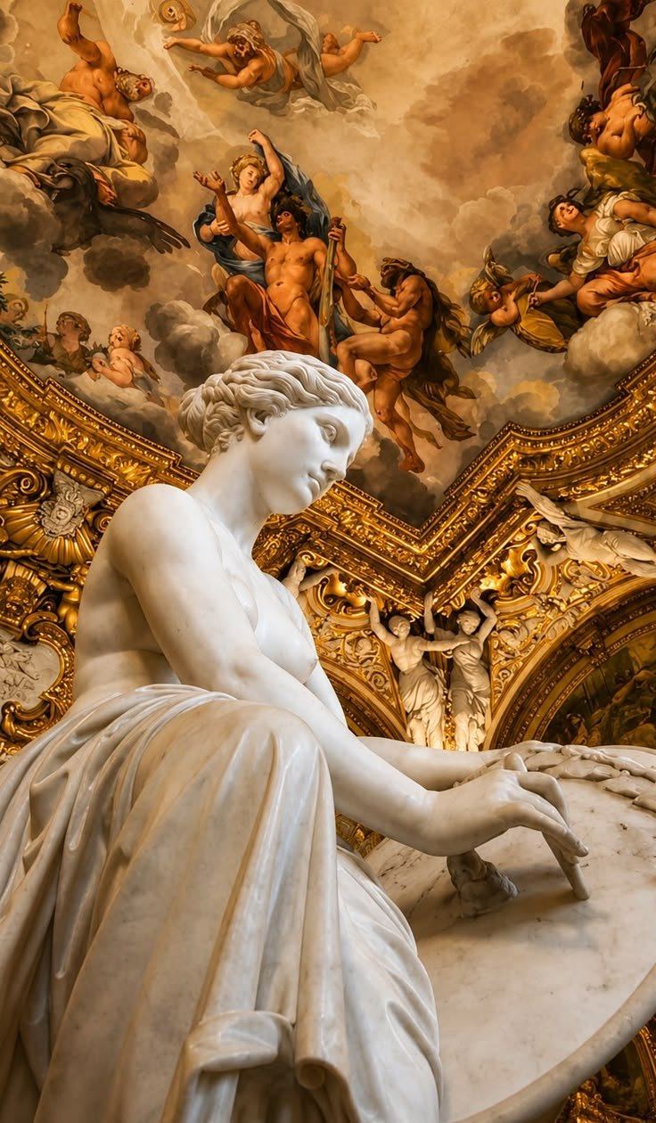 A marble sculpture of Psyche beneath a gilded baroque ceiling